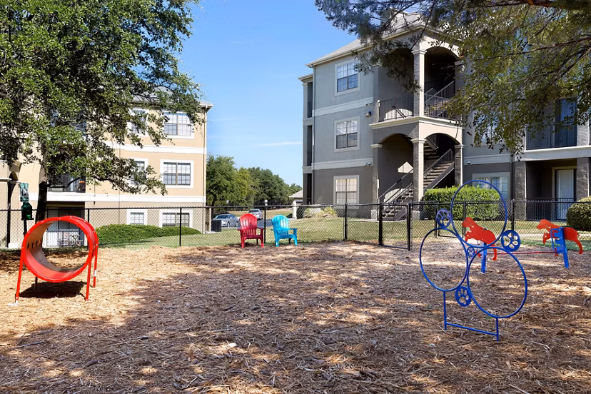 Spacious dog park with agility equipment at Folio Apartments, a luxury living community by Greystar
