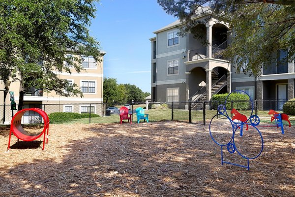 Spacious dog park with agility equipment at Folio Apartments, a luxury living community by Greystar