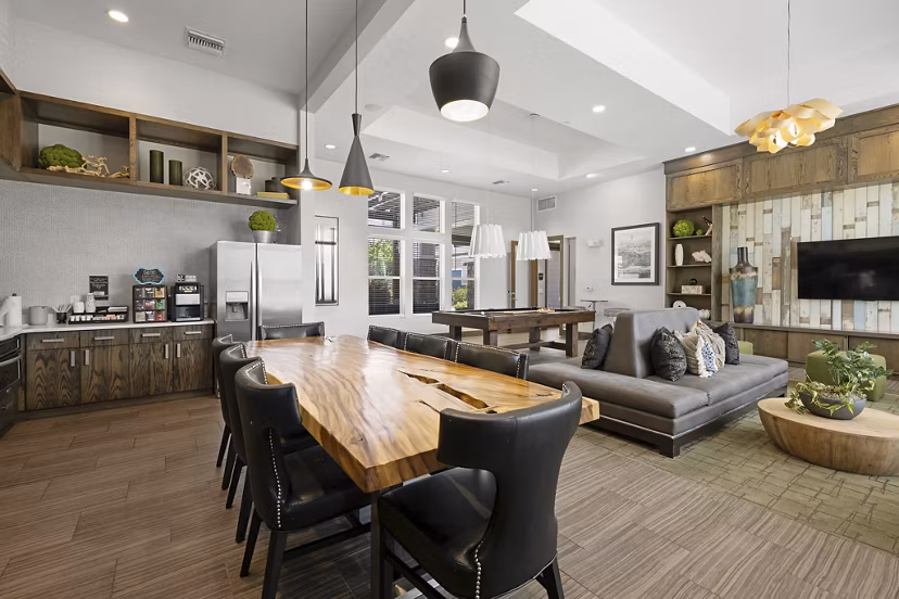 HiLine at Littleton Commons: Clubhouse featuring modern design and cozy seating areas