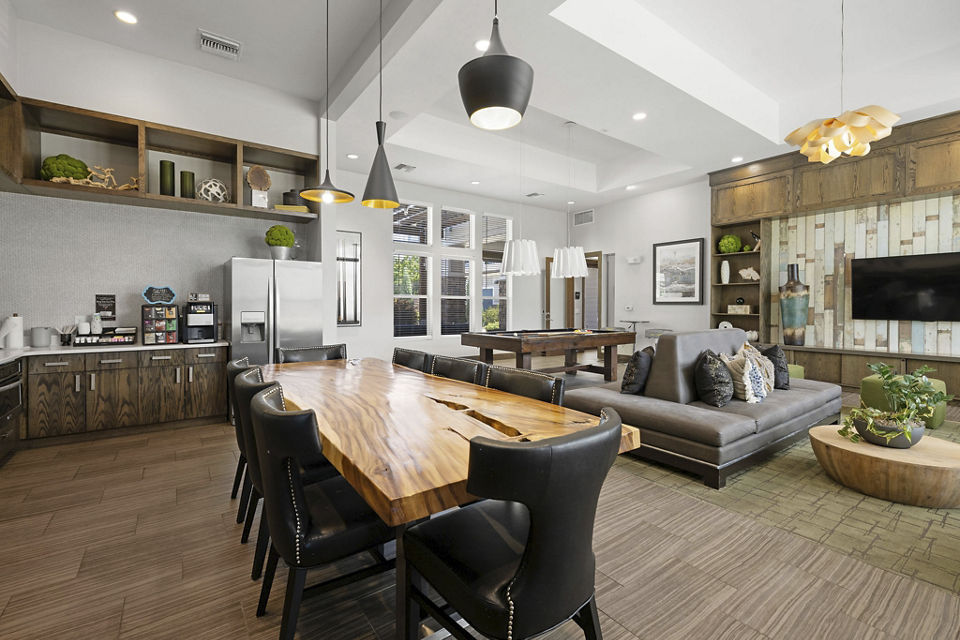 HiLine at Littleton Commons: Clubhouse featuring modern design and cozy seating areas