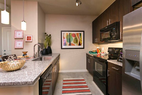 Modern kitchen with stainless steel appliances at HiLine at Littleton Commons Apartments