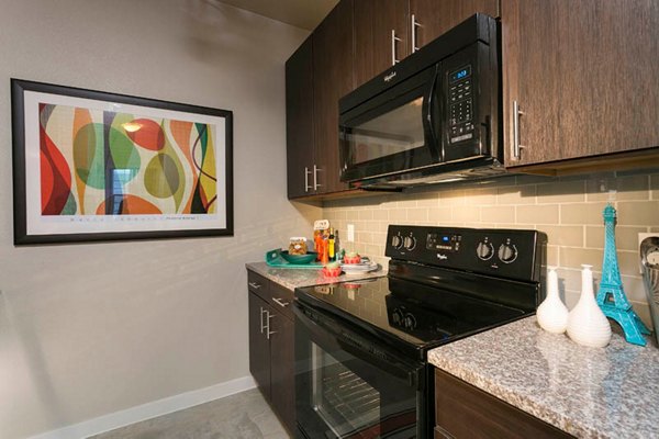 HiLine at Littleton Commons: Modern kitchen with stainless steel appliances and granite countertops in luxury apartments