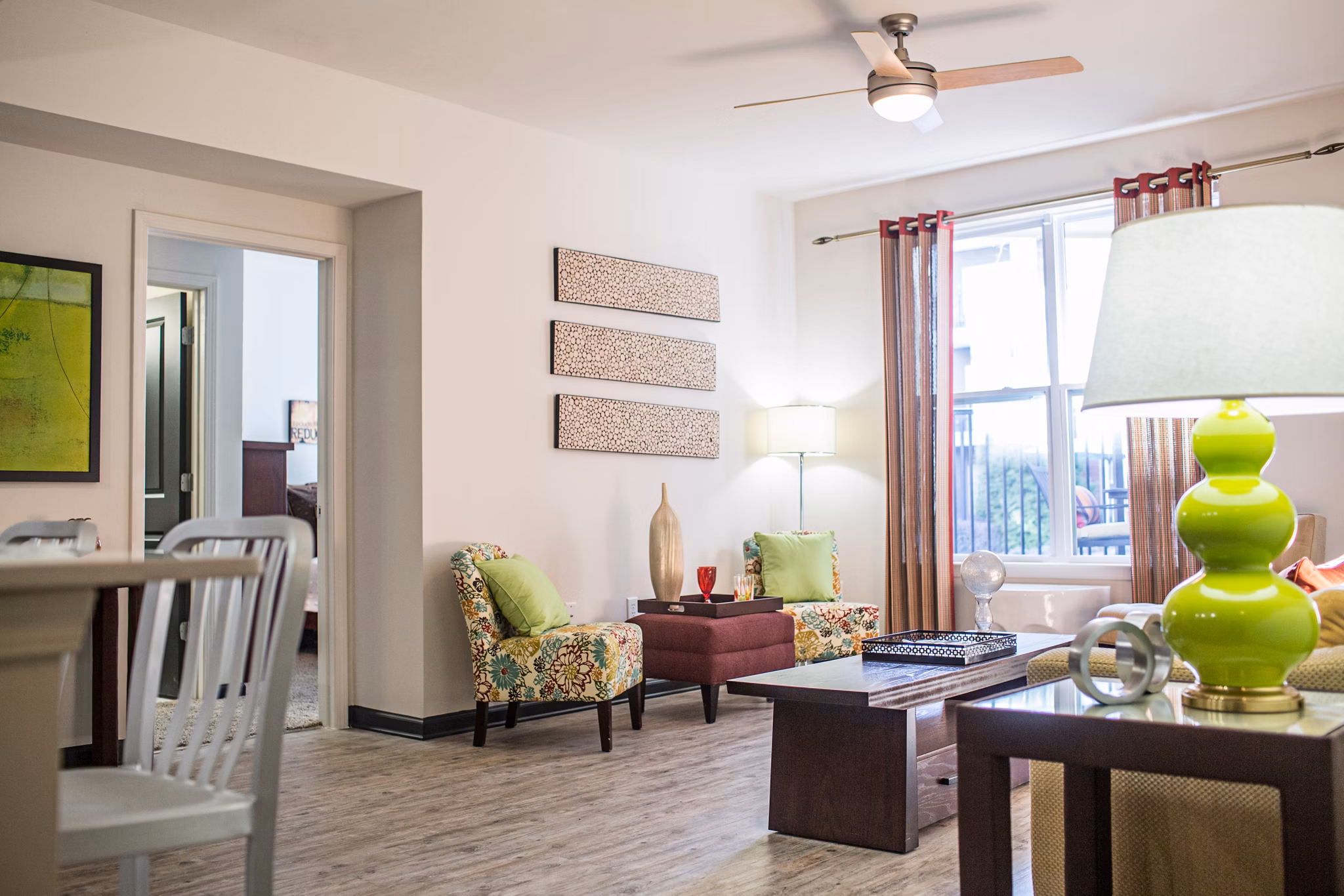 Spacious living room with modern furnishings at Avana Westside Apartments