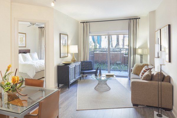 Modern living room with lake views at One Lakes Edge, luxury apartments