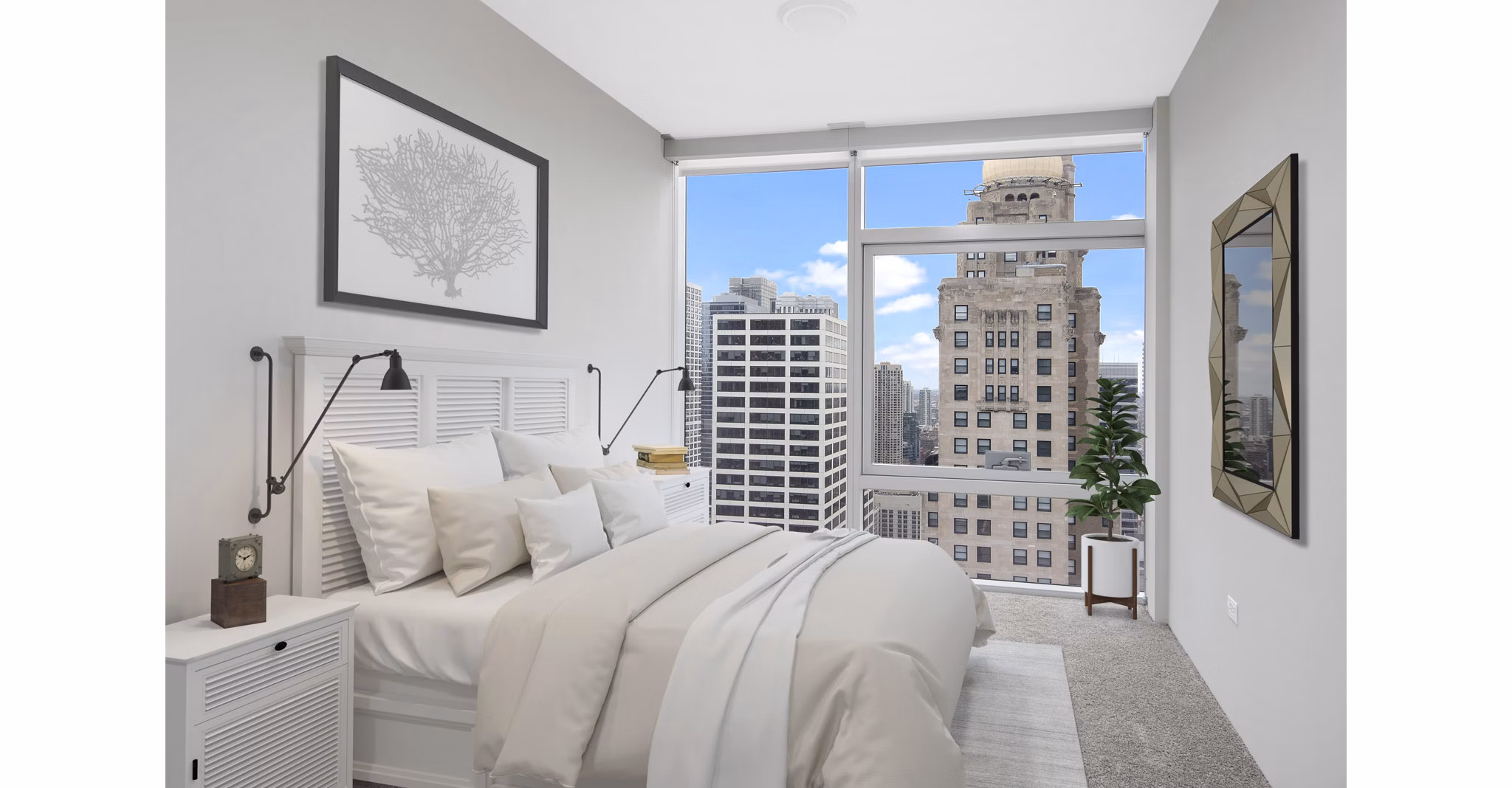 Contemporary bedroom with chic decor and large windows at Aston Apartments