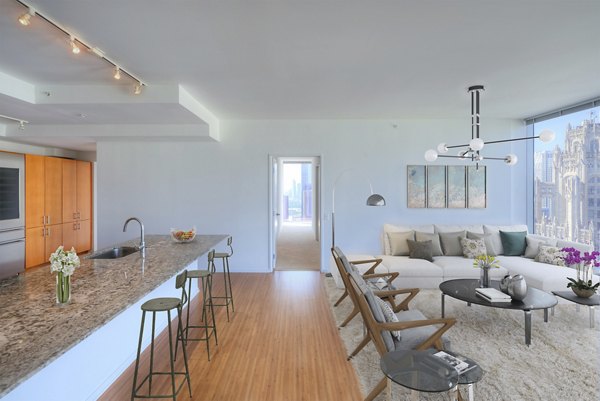 Modern kitchen with stainless steel appliances in Aston Apartments luxury homes