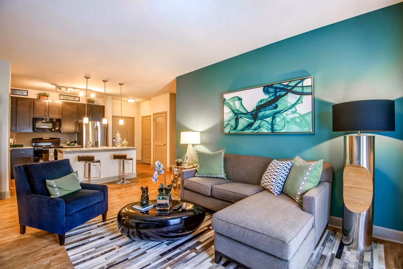 Spacious living room with modern decor in Jones Grant Luxury Apartments