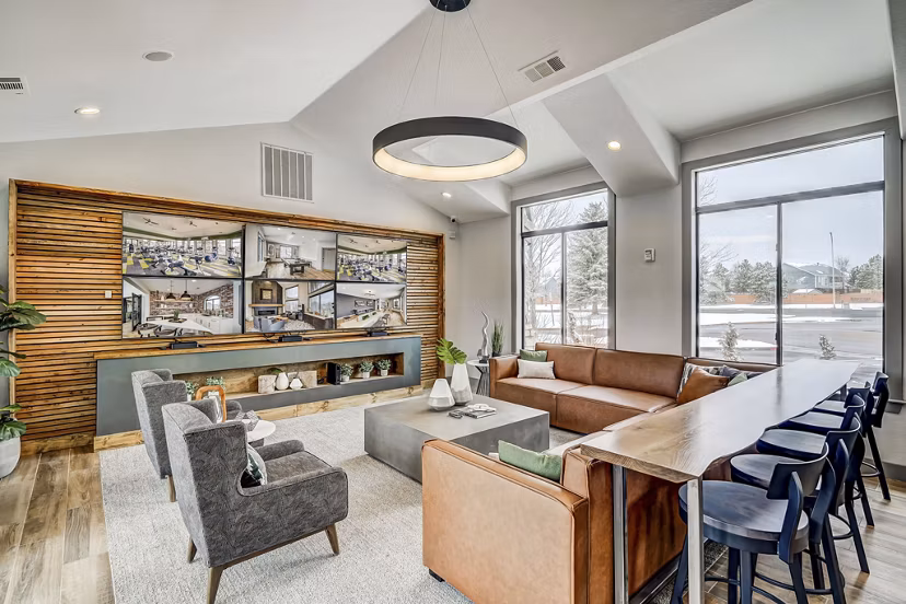Elegant clubhouse with modern design at Champions Apartments featuring luxury amenities for residents