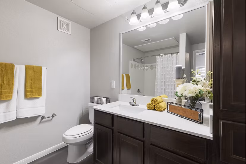 Modern bathroom featuring sleek vanity and large mirror at Villages at Turtle Rock Apartments