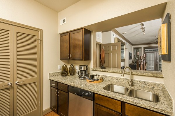 Modern kitchen with stainless steel appliances and quartz countertops at Deerwood Apartments luxury community