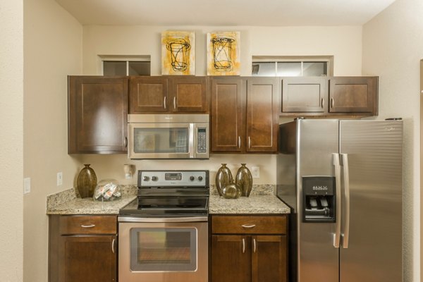 Modern kitchen with stainless steel appliances and granite countertops in Deerwood Apartments