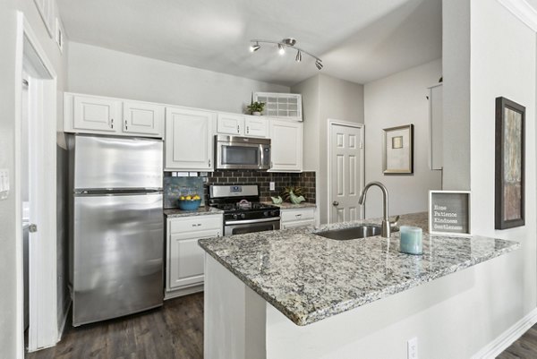 Modern kitchen with stainless steel appliances at Towns of Chapel Hill apartments, showcasing luxury living in Chapel Hill
