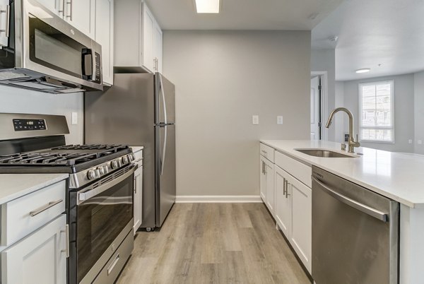 Modern kitchen featuring stainless steel appliances and granite countertops at Hillside Village Apartments in a Greystar community