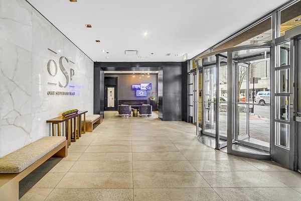 Elegant clubhouse lobby with modern decor at One Superior Place Apartments in Chicago