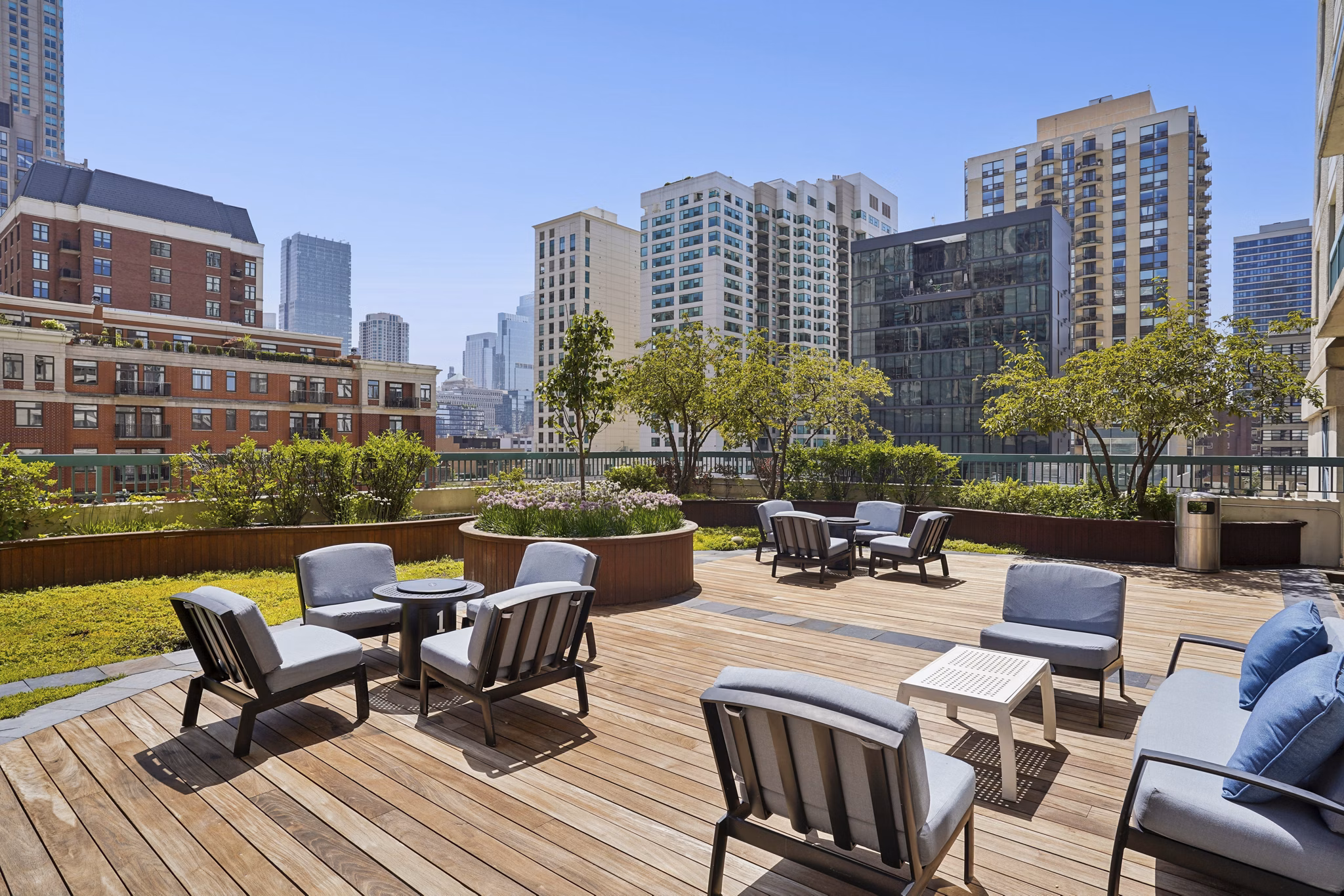 grill area at One Superior Place Apartments 