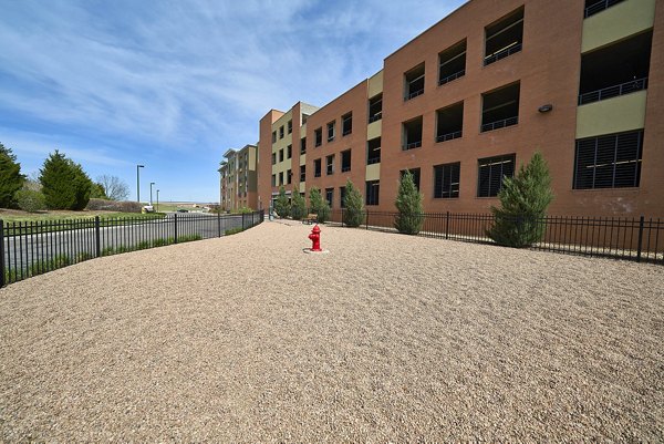 Fire hydrant beside gravel area enclosed by black metal fence with a multi-story apartment building in background