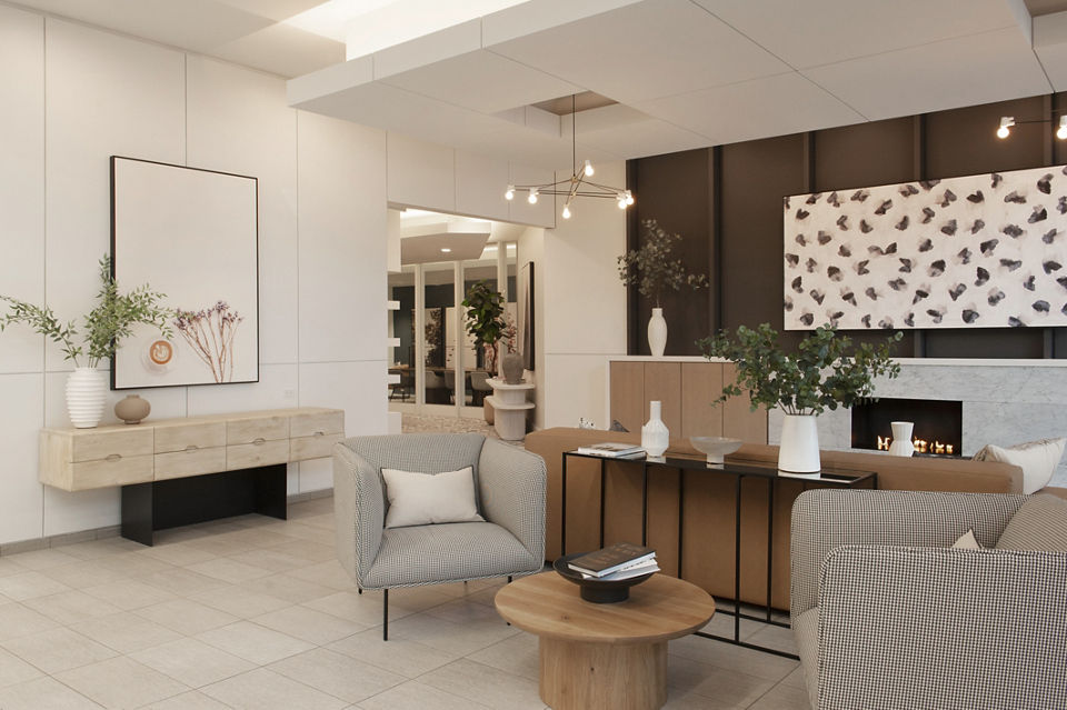 Chic clubhouse with modern decor at 1225 Old Town Apartments offering a luxurious social space