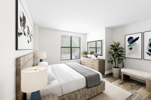 Modern bedroom with stylish decor in Del Ray Central Apartments