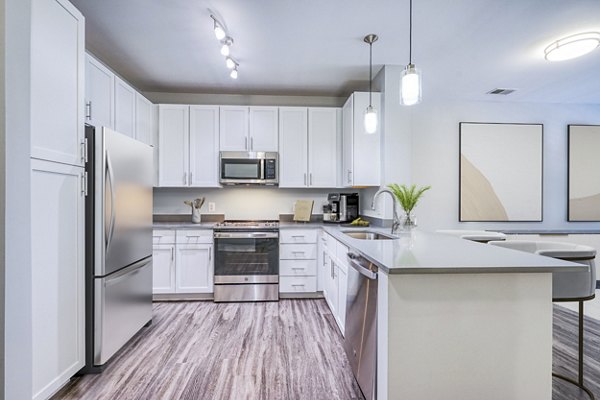 Modern kitchen featuring stainless steel appliances and marble countertops in Del Ray Central Apartments