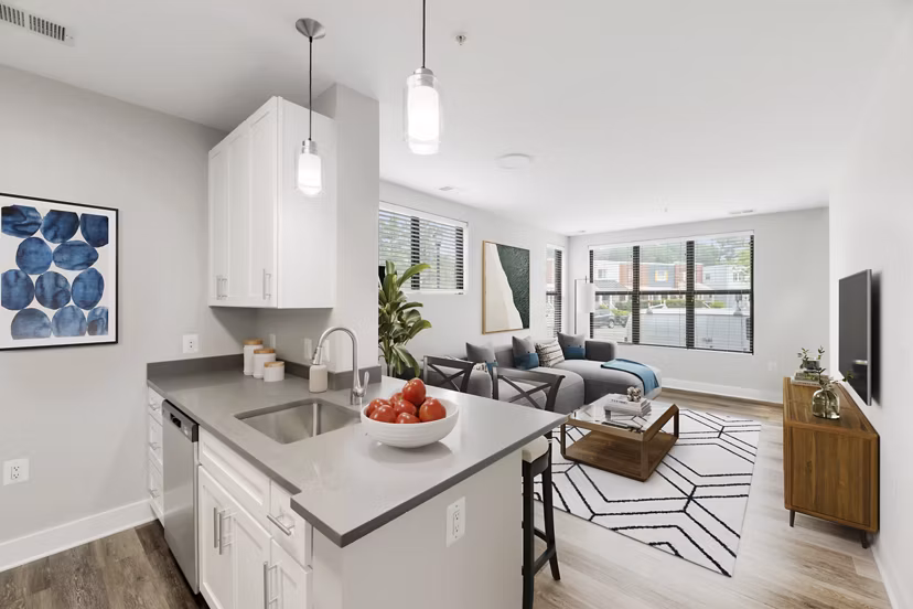 Modern kitchen with stainless steel appliances at Del Ray Central Apartments