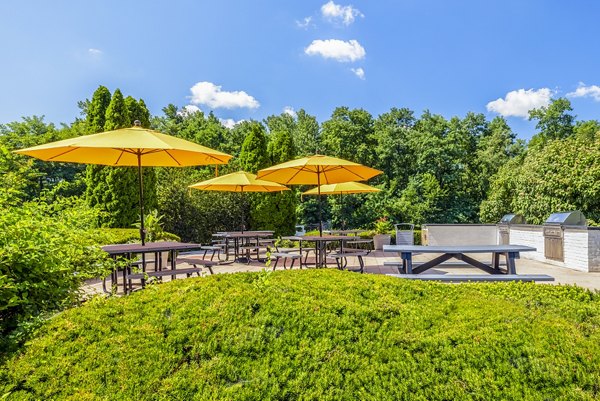 Grill area with outdoor seating at Village at Fox Point Apartments, perfect for summer barbecues and social gatherings