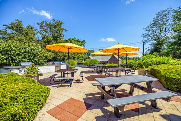 Outdoor community grill area at Village at Fox Point Apartments with barbecue stations and seating for social gatherings