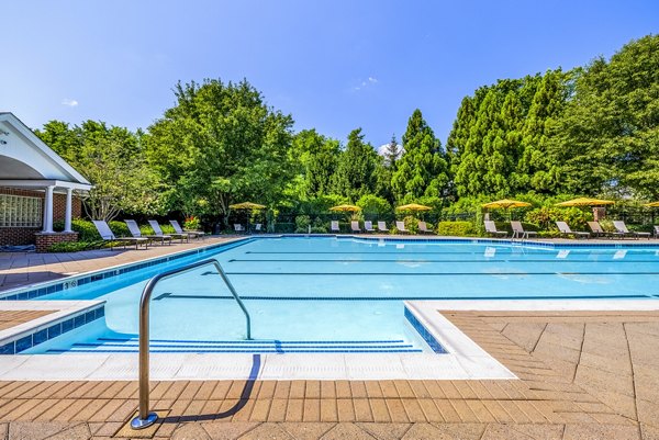 Sunny poolside retreat at Village at Fox Point Apartments featuring lounge chairs and vibrant landscaping