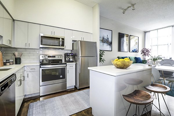 Modern kitchen with stainless steel appliances at Massachusetts Court Apartments