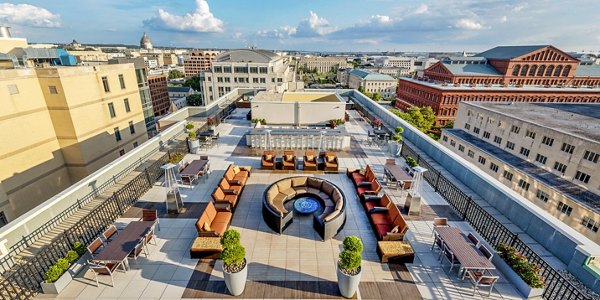 Rooftop terrace featuring seating areas and a fire pit with cityscape views in luxury apartments