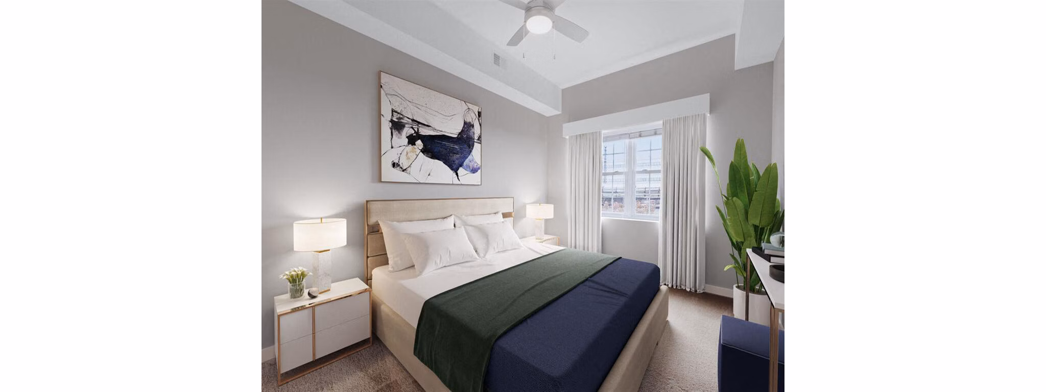 Cozy bedroom with elegant furnishings at The Hawthorne Apartments