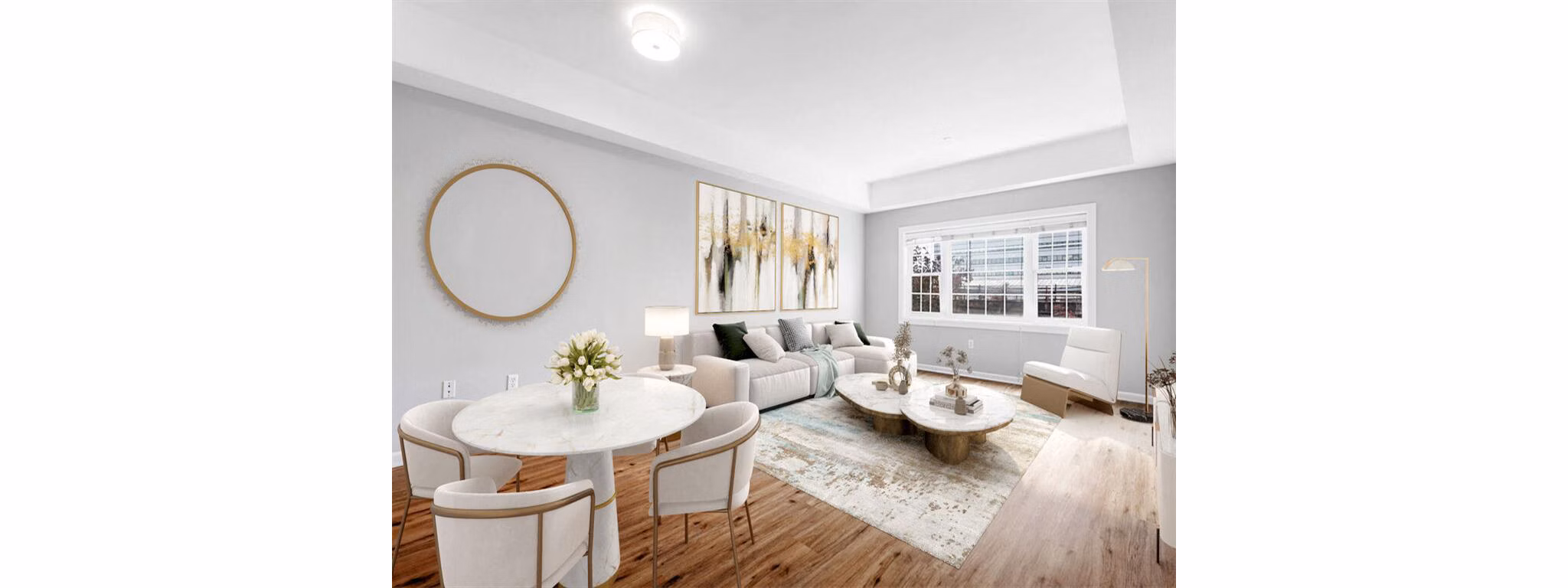 Dining area featuring modern furnishings and natural light at The Hawthorne Apartments