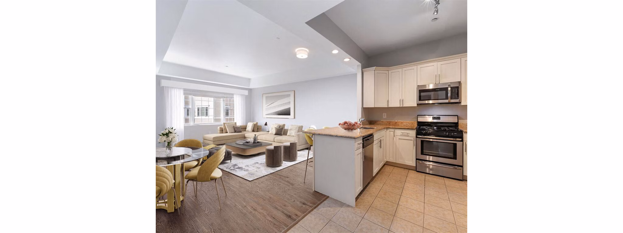 Spacious living area with modern design and hardwood flooring at The Hawthorne Apartments