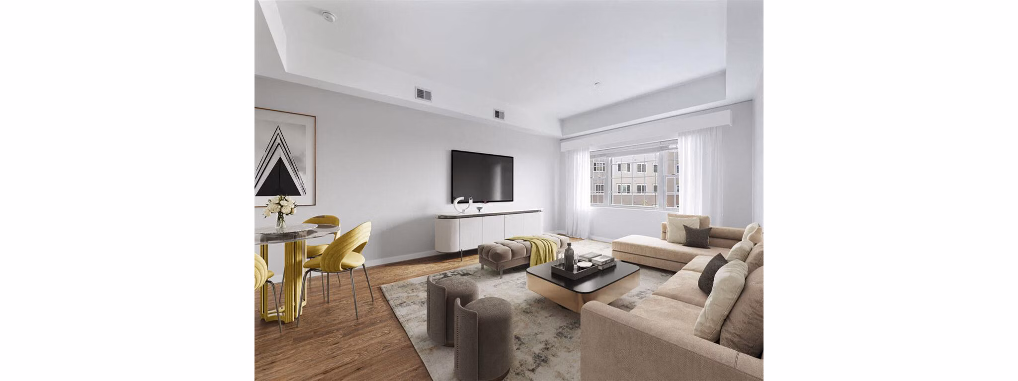 Spacious living room featuring modern decor and natural light at The Hawthorne Apartments