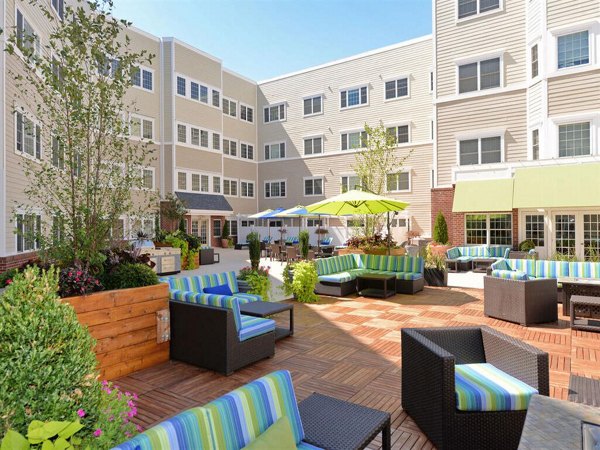 Courtyard with lush greenery at The Hawthorne Apartments, a luxury community by Greystar