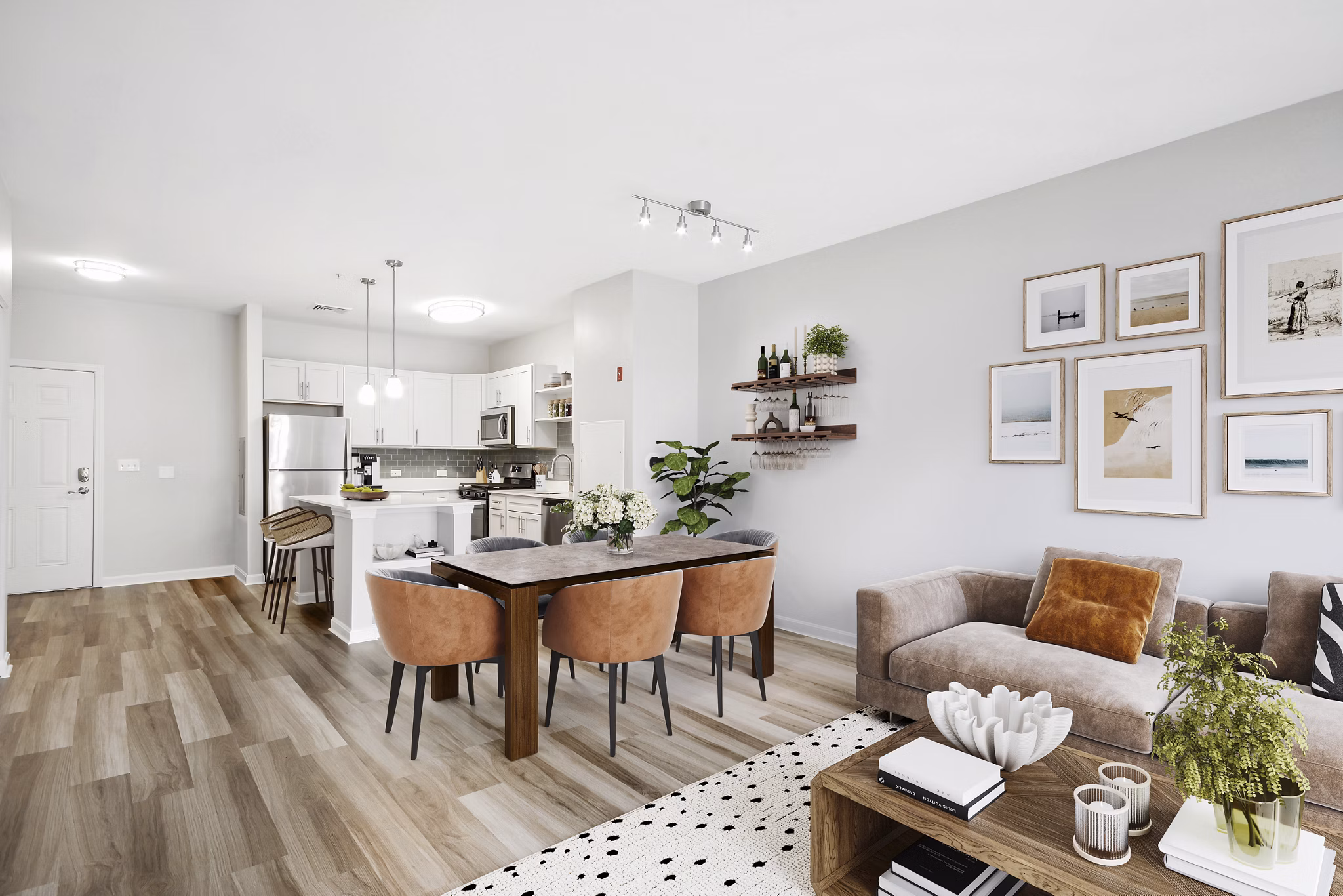 Cozy living room with modern decor at The Prescott at Concord Apartments