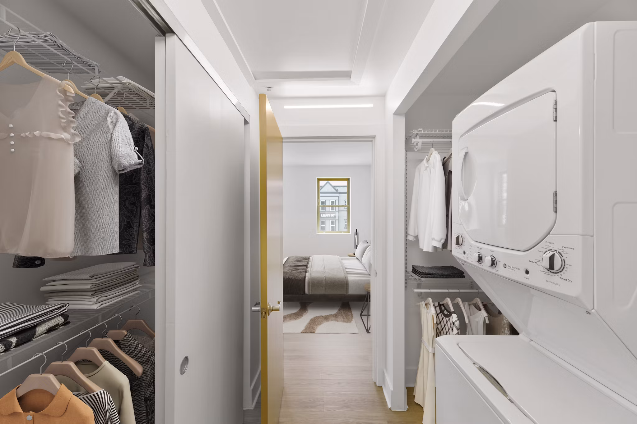 Bedroom closet and laundry room with ample storage at Louis at 14th Apartments