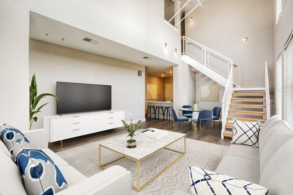 Cozy living room with contemporary decor at Upstairs at Bethesda Row Apartments