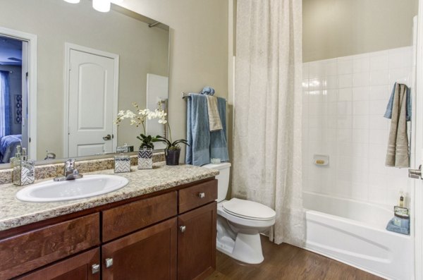 Modern bathroom with dual sinks and tiled shower at Town Center at Lakeside Village Apartments