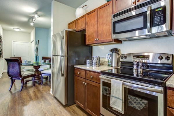 Modern kitchen featuring stainless steel appliances at Town Center at Lakeside Village Apartments