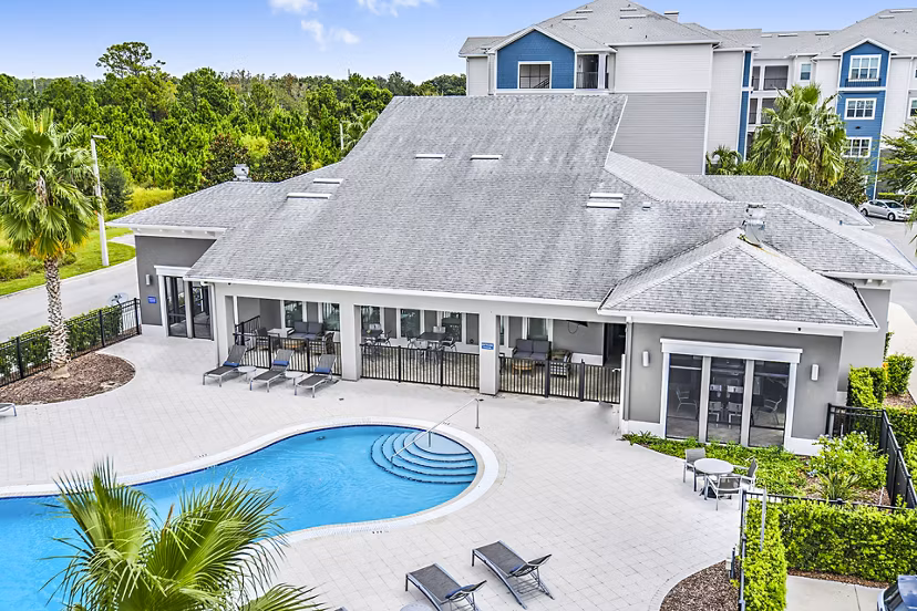 Resort-style pool with palm trees at Windermere Cay Apartments