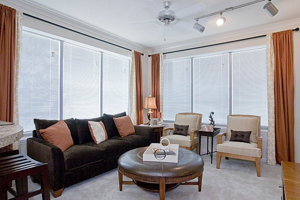 Living room with contemporary decor and large windows at Aqua at Millenia Apartments, offering luxury living space in the heart of Orlando