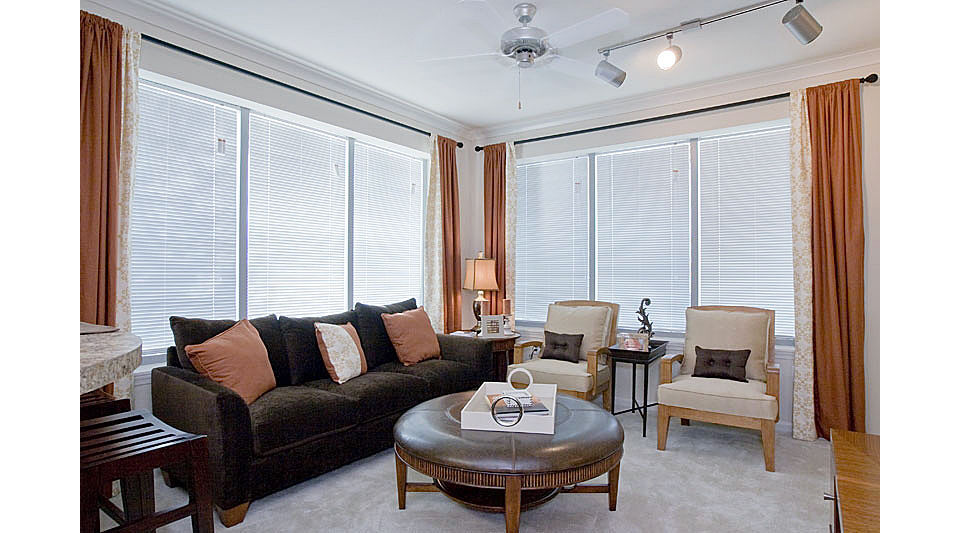 Living room with contemporary decor and large windows at Aqua at Millenia Apartments, offering luxury living space in the heart of Orlando