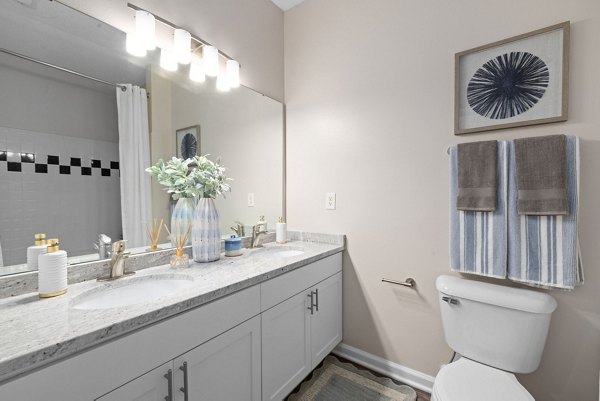 Modern bathroom with stylish fixtures at The Morgan at Chapel Hill Apartments, luxury living offered by Greystar