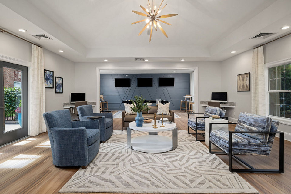 Clubhouse with modern design elements at The Morgan at Chapel Hill Apartments