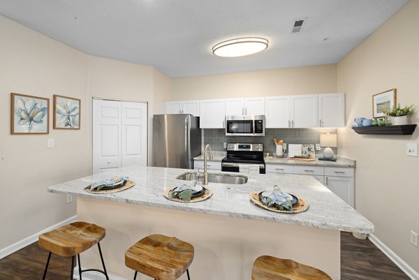 Open-concept kitchen with stainless steel appliances at The Morgan at Chapel Hill Apartments, offering luxury living near UNC-Chapel Hill