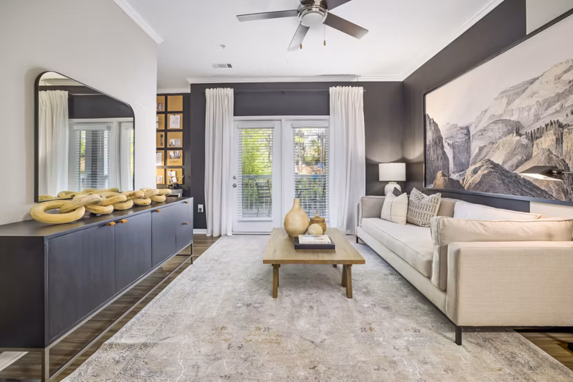 Spacious living room with modern decor at Tradition at Stonewater Apartments