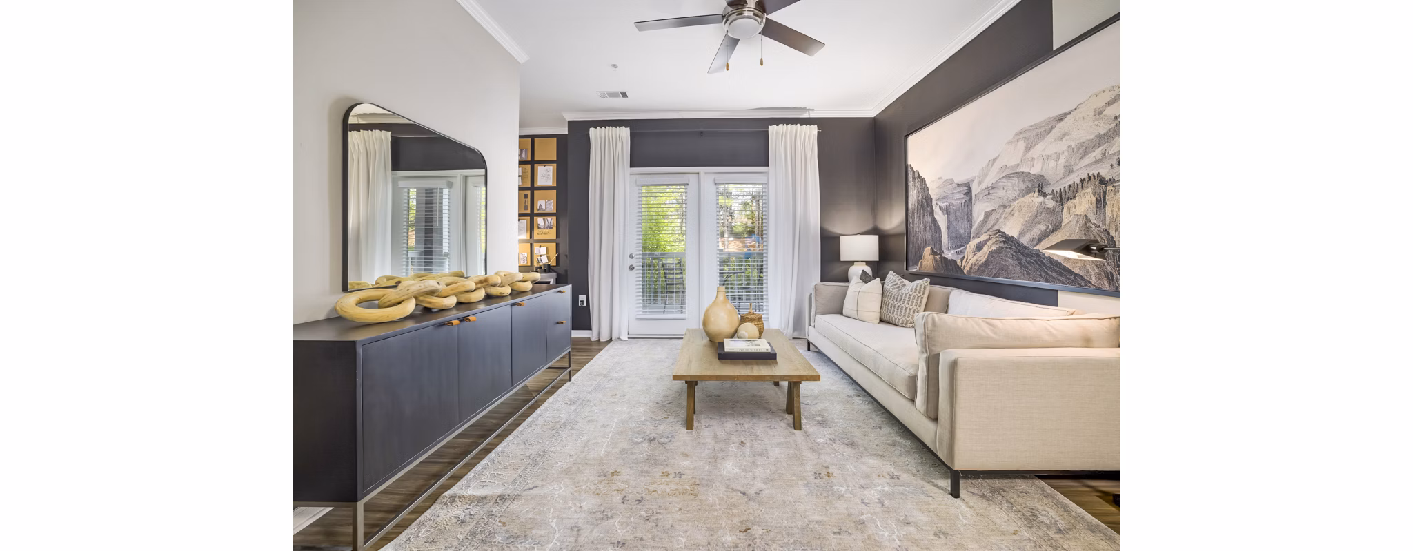 Spacious living room with modern decor at Tradition at Stonewater Apartments