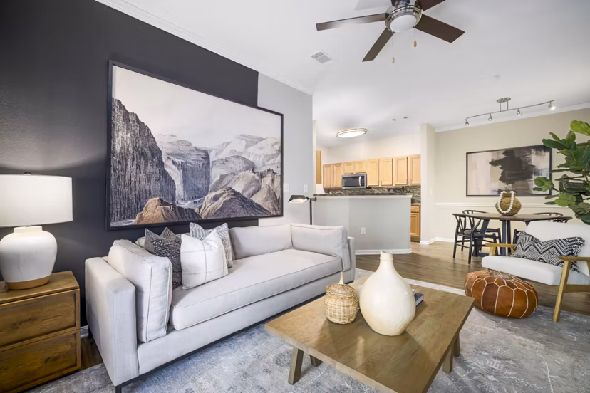 Spacious living room with modern decor at Tradition at Stonewater Apartments