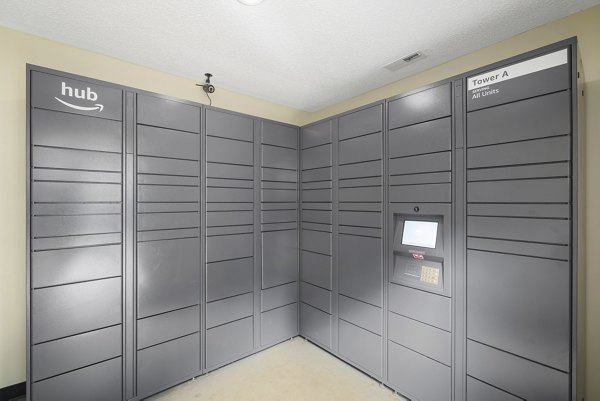 Modern mail room with secure lockers at Sailboat Bay Apartments