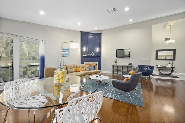 Clubhouse featuring modern design elements at Sailboat Bay Apartments, ideal for luxury living and resident gatherings